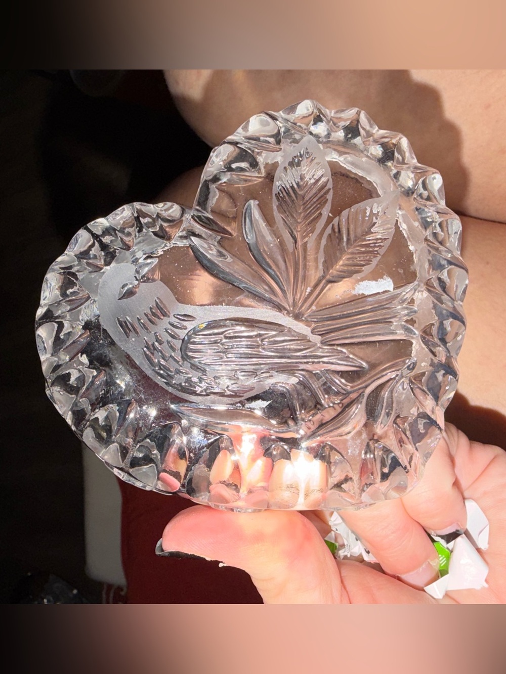 Vintage Hofbauee Byrdes Heart-Shaped Crystal Dish with Bird Motif - Clear.